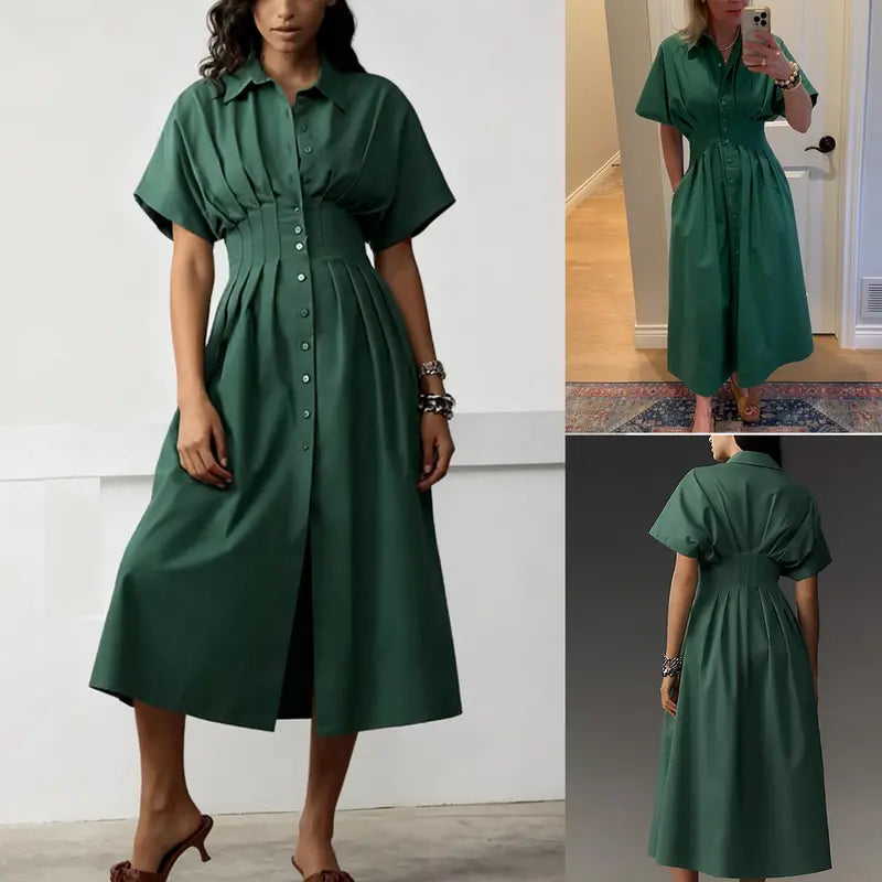Women's Button-Down Shirt Dress - Short-Sleeve, Loose, Pleated Maxi Sundress with Pockets, Basic Casual Wear for Summer
