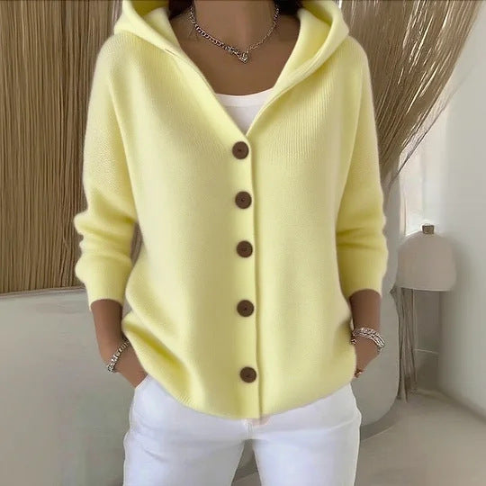 Button-down knit hooded sweater cardigan
