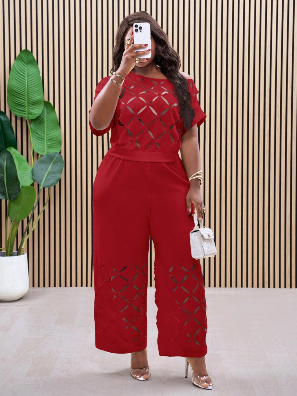 BundleWear™ Diamond-Cutout Set | Embroidered Scoop-Neck Top & Wide-Leg Pants