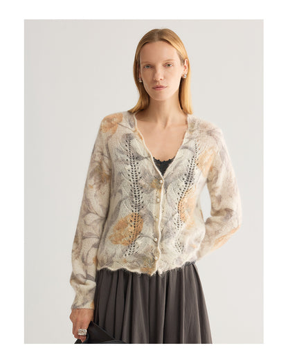 French Floral Mohair-Blend Cardigan — V-Neck Pointelle Knit, One Size