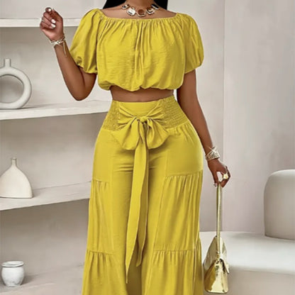 BundleWear™ Bohemian Breeze Set | Off-Shoulder Puff Sleeve Crop & Tiered Wide-Leg Pants