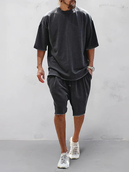 Men's 100% Cotton Casual Loose Fit Sports Set - Breathable Moisture-Wicking 2-Piece Tracksuit