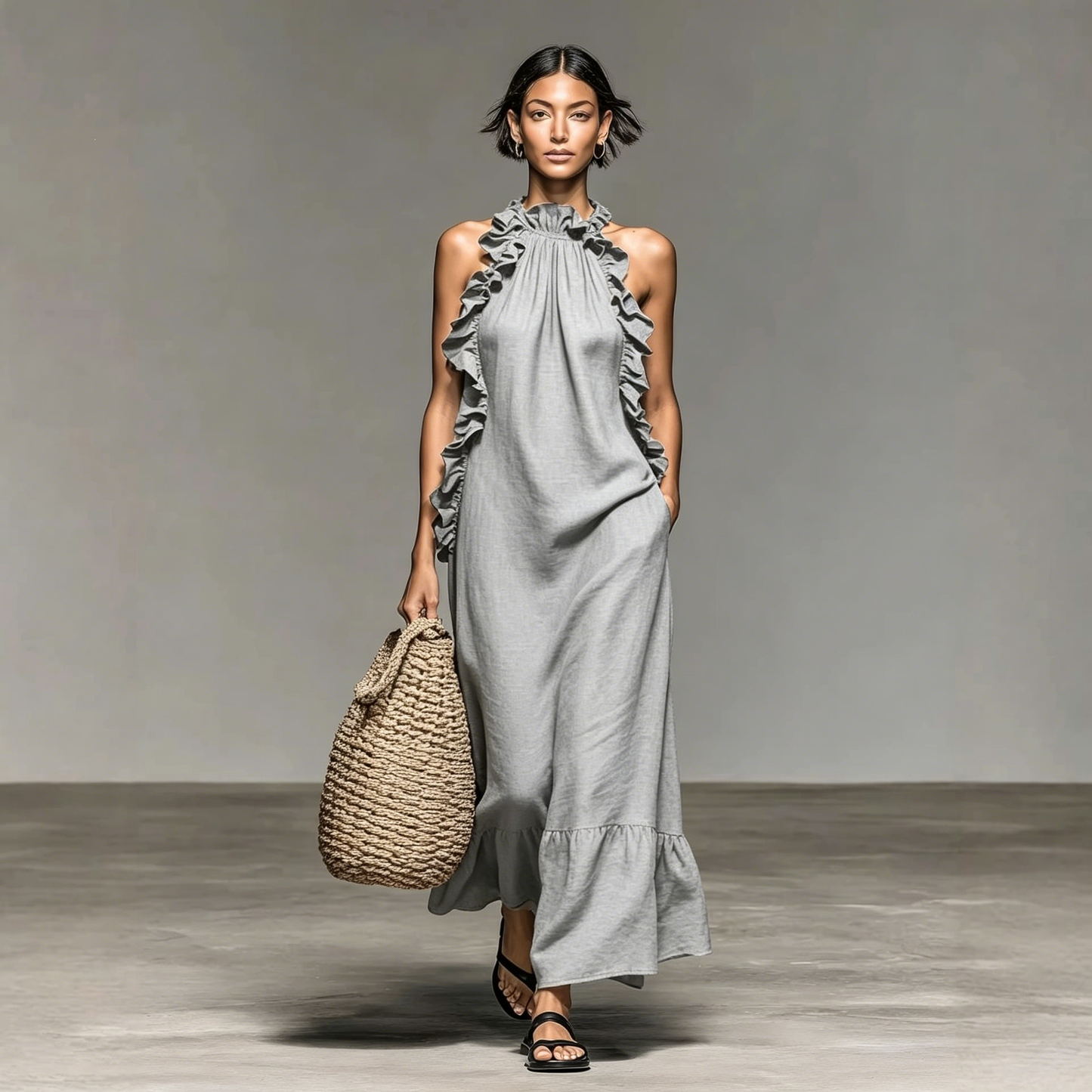 Women's Minimalist Linen-blend Sleeveless Maxi Dress With Ruffle Details - BundleWear