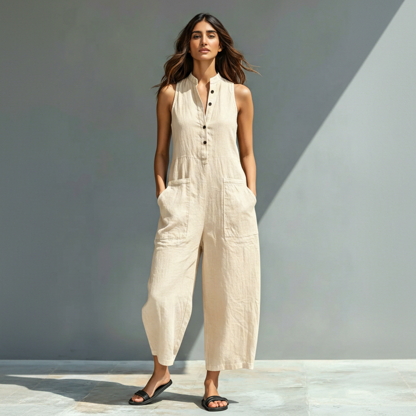 Women's linen blend button sleeveless loose-fitting jumpsuit