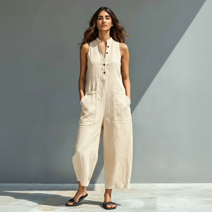 Women's linen blend button sleeveless loose-fitting jumpsuit