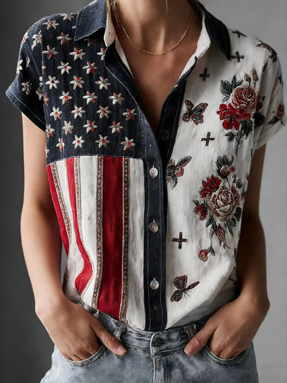 Women's American Founding 250th Anniversary Art Print Short-Sleeved Shirt - BundleWear