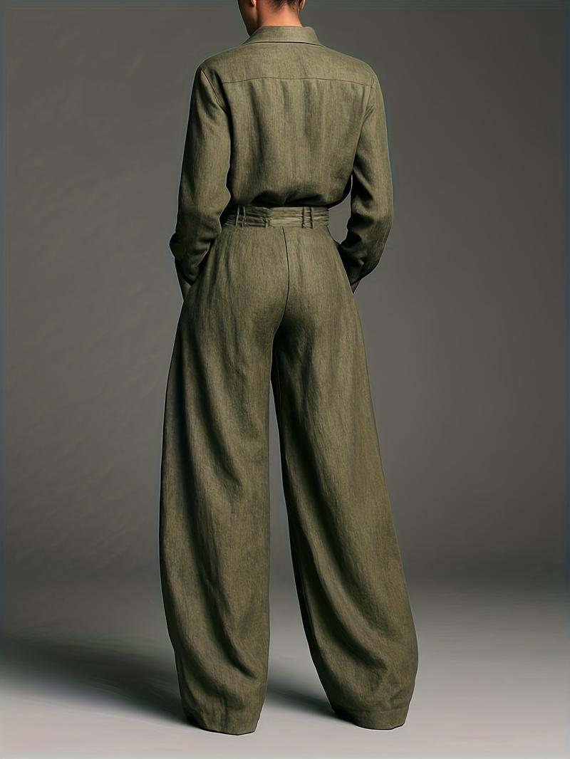 Women's fashionable casual two-piece set - solid color shirt and trousers - MATCHING MASTER