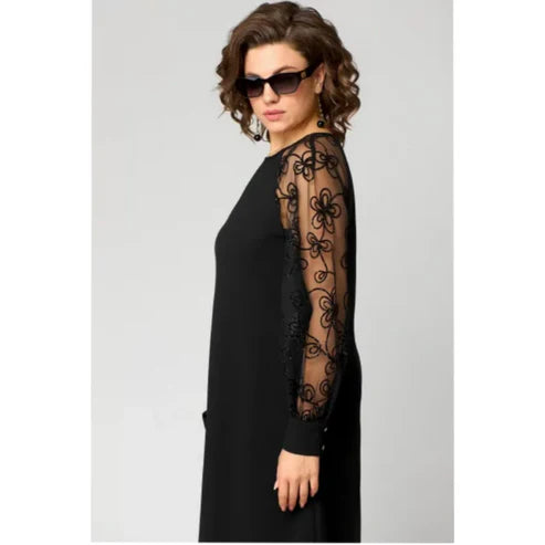 Lace Patchwork Dress with Long Sleeves and Round Neck