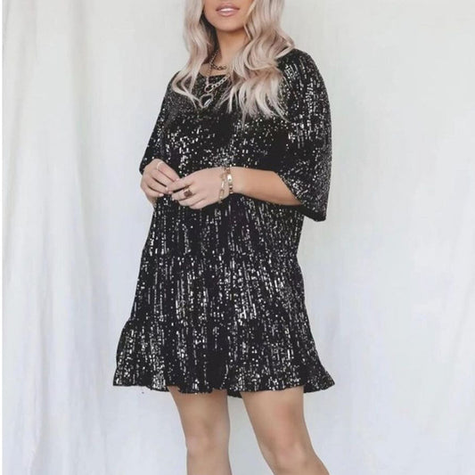 Summer High-end Women's Sequin Round Neck Loose French Dress Fairy Skirt
