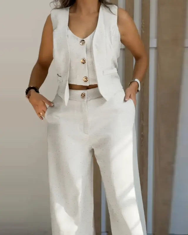 Women's 3 Pieces Outfits Metal Button Decor V Neck Sleeveless Tank Top and Casual Plain Loose Fit Pants Set
