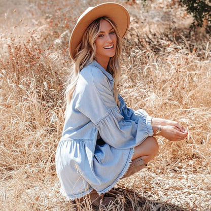 Women's loose-fitting distressed denim button-down shirt dress - BundleWear