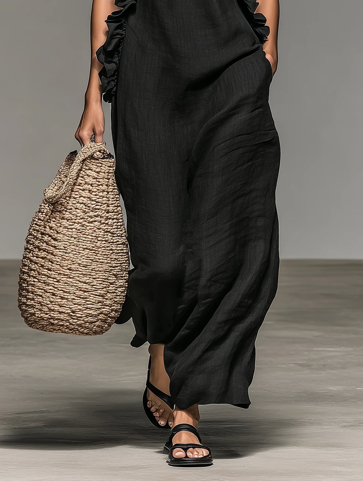 Women's Minimalist Linen-blend Sleeveless Maxi Dress With Ruffle Details - BundleWear