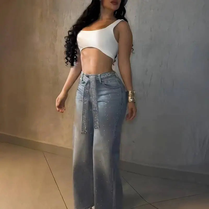 Women's Rhinestone High-Waisted Zipper Jeans - BundleWear