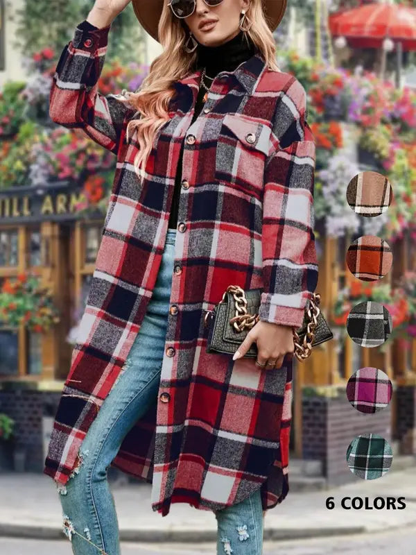 Ladies' Colorblock Plaid Print Button Front Drop Shoulder Coat