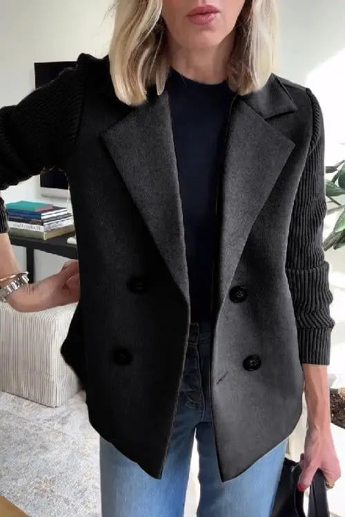 Ladies' Lapel Button Knitted Patchwork Sleeve Casual Coat