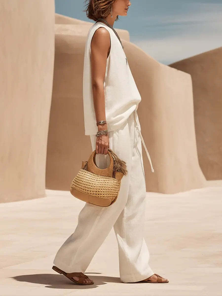 Cotton and linen sleeveless V-neck suit - BundleWear