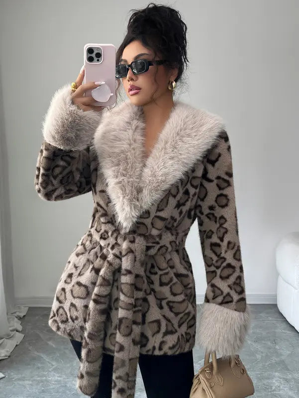 Ladies' winter lace up leopard print faux fur coat