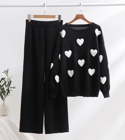 Ladies' Solid Color Hearth Embroidery Round Neck Drop Shoulder Pullover & Sweater Pants Set
