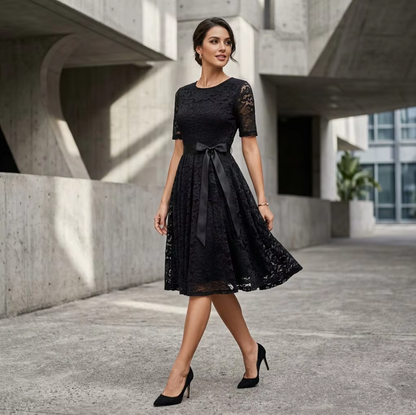 BundleWear™ Floral Lace Bow Dress | Elegant Fitted Cocktail & Wedding Guest Midi
