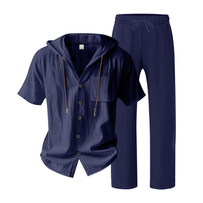 BundleWear™ Breeze-Hood Linen Set | Drawstring Hooded Shirt & Elastic-Waist Trousers