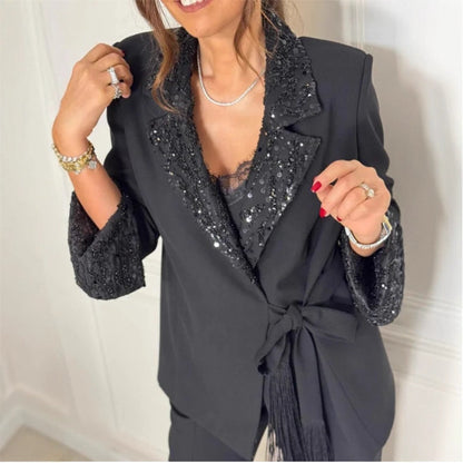 Ladies' Elegant Sequin Lapel Blazer & Pants Set