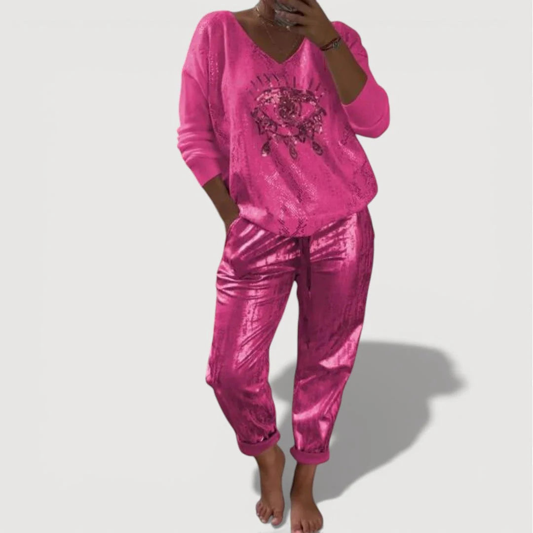 BundleWear™ Starlight Eye Set | Shimmering Graphic Sweater & Metallic Jogger Ensemble