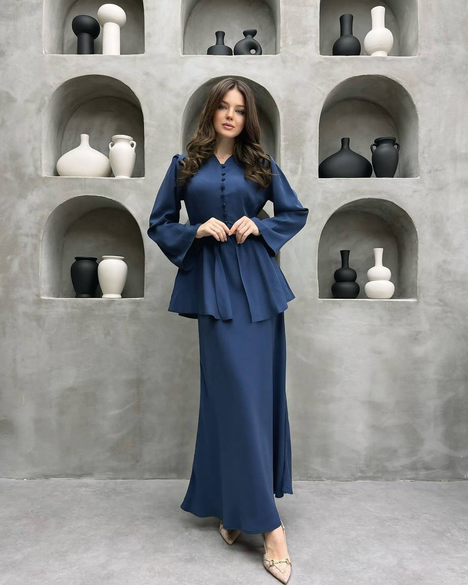 Dark blue peplum cardigan and maxi dress two-piece set, full-length front view