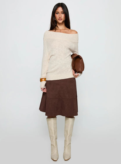 Off Shoulder Knit Sweater Beige+Faux Suede Midi Skirt Brown