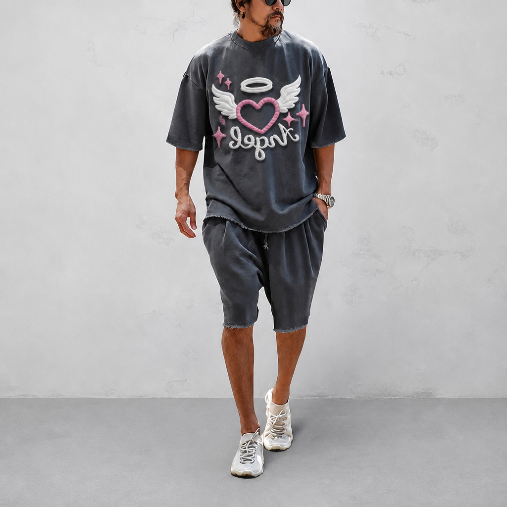 "Angel of Love" Couple 100% Cotton Casual Loose Fit Sports Set - Breathable Moisture-Wicking 2-Piece Tracksuit