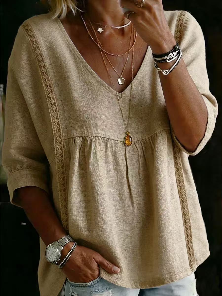 BundleWear™ Lace-Panel Linen Top | V-Neck 3/4 Sleeve Bohemian Pullover
