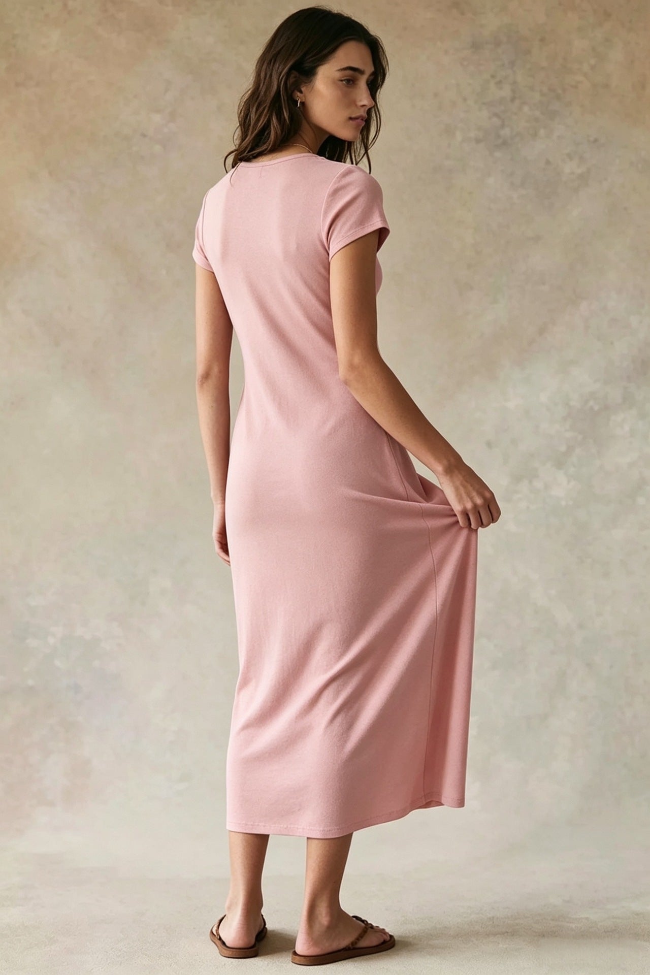 Ladies' solid color short-sleeved round neck slim-fit bodycon dress - BundleWear