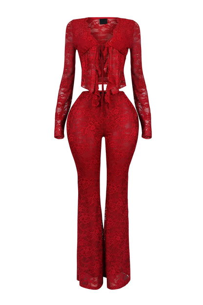 Everly Lace Top & Wide Pants Set — Sheer Lace Two-Piece Outfit