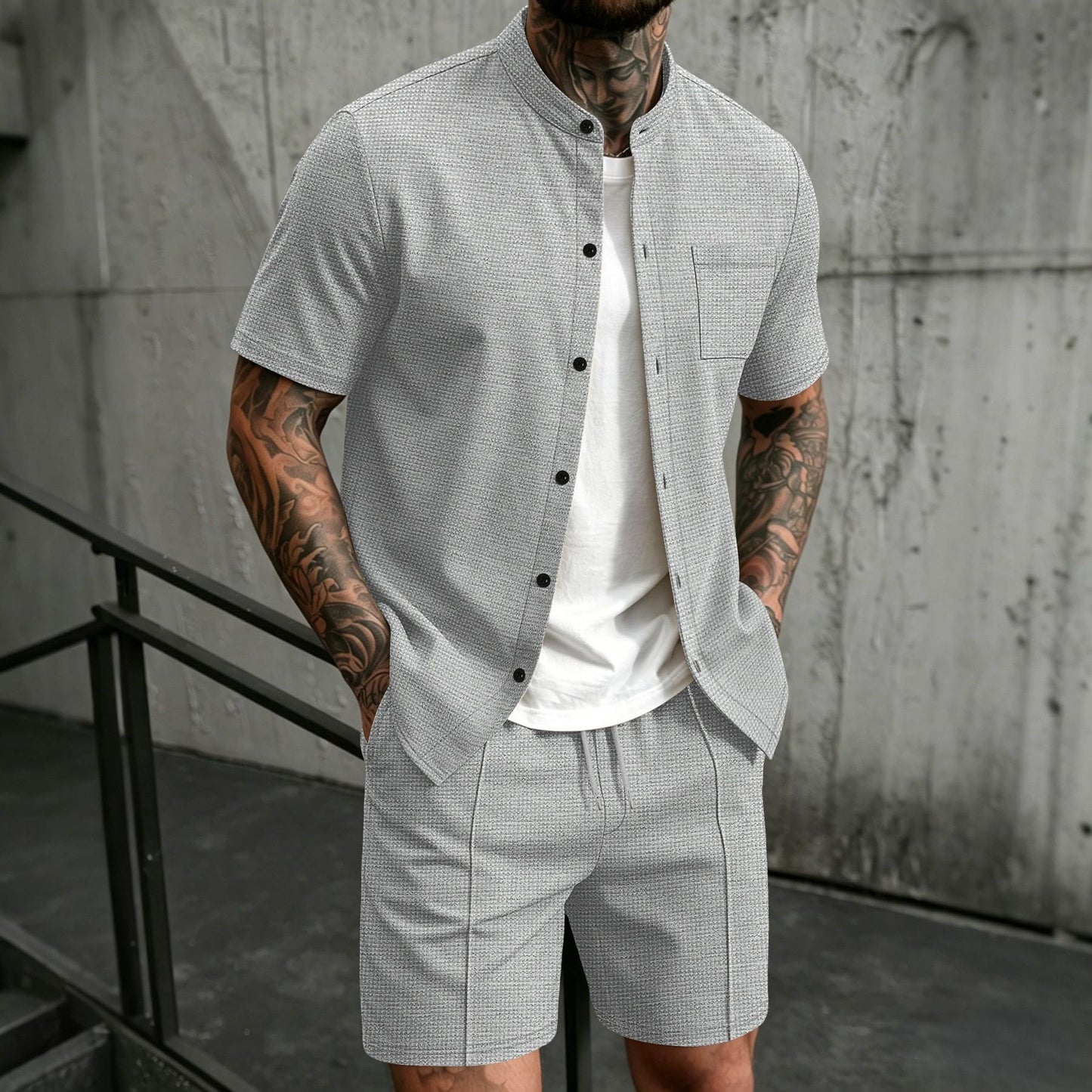 BundleWear™ Honeycomb Resort Set | Stand-Collar Waffle Shirt & Drawstring Shorts