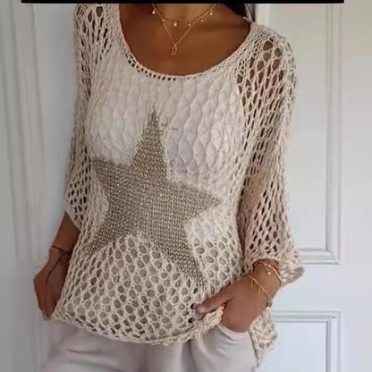 ⌛💥Ladies' Fashion Round Neck Crochet Knit Fishnet Top - MATCHING MASTER