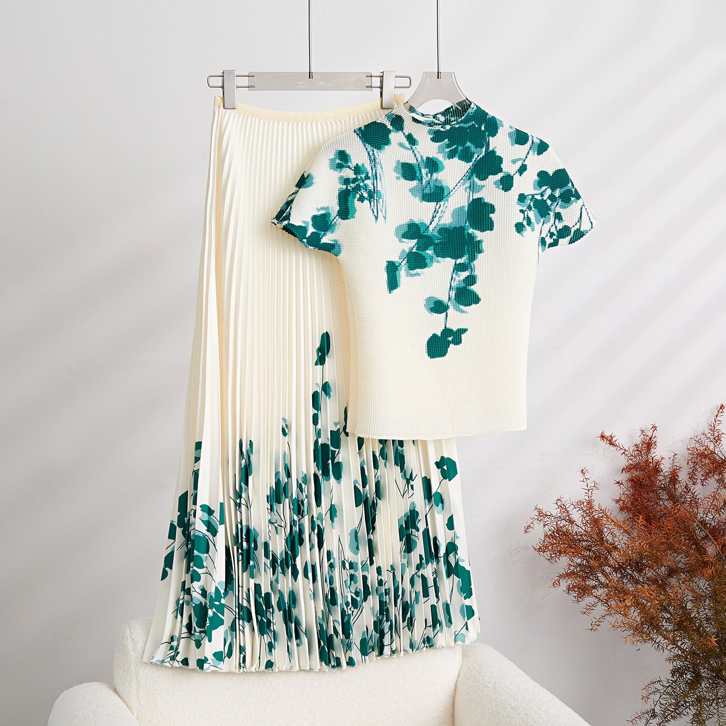 BundleWear™ Inked Rose Set | Mock-Neck Top & Accordion Pleated Maxi Skirt Ensemble