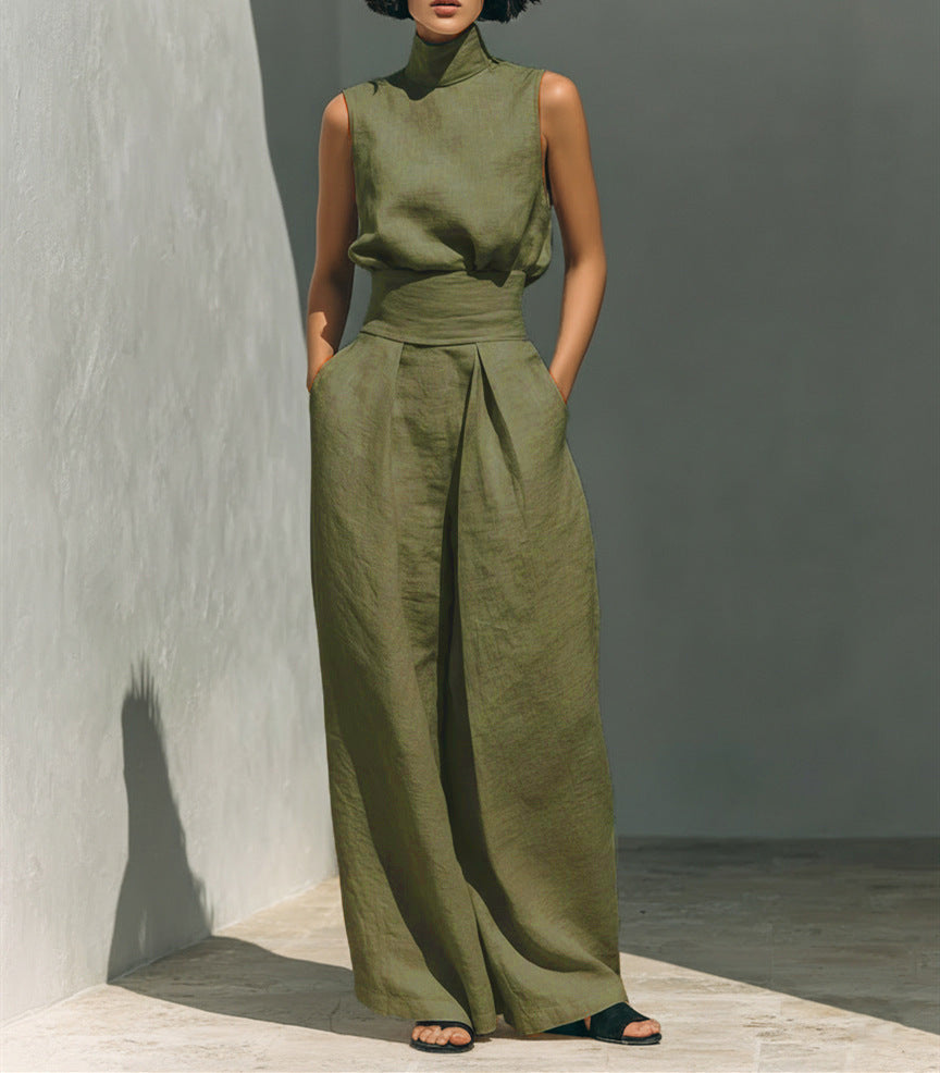 Cotton and linen sleeveless trouser casual suit