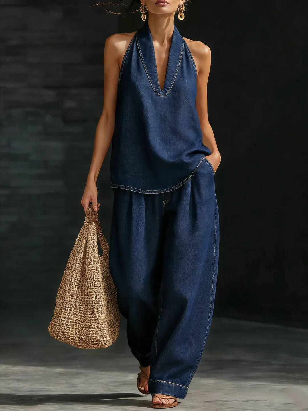 Collared button-down denim top and wide-leg jeans - MATCHING MASTER