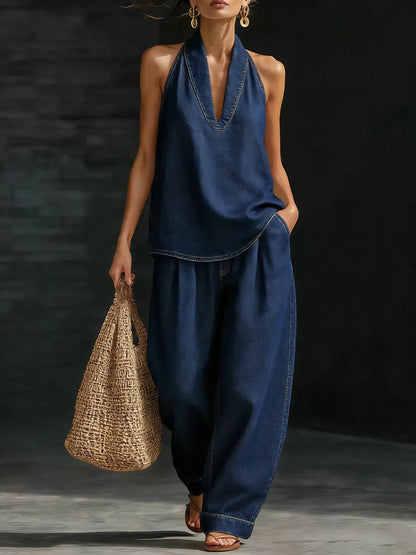 Collared button-down denim top and wide-leg jeans - MATCHING MASTER