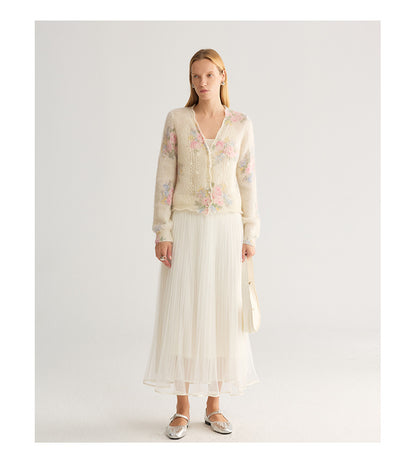 French Floral Mohair-Blend Cardigan — V-Neck Pointelle Knit, One Size