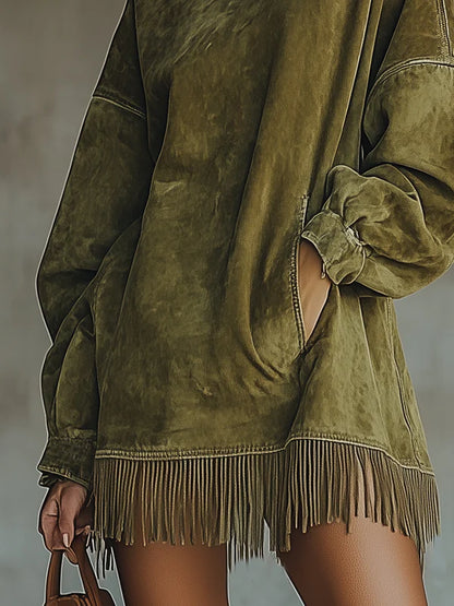 Oversized suede-effect dress with fringe