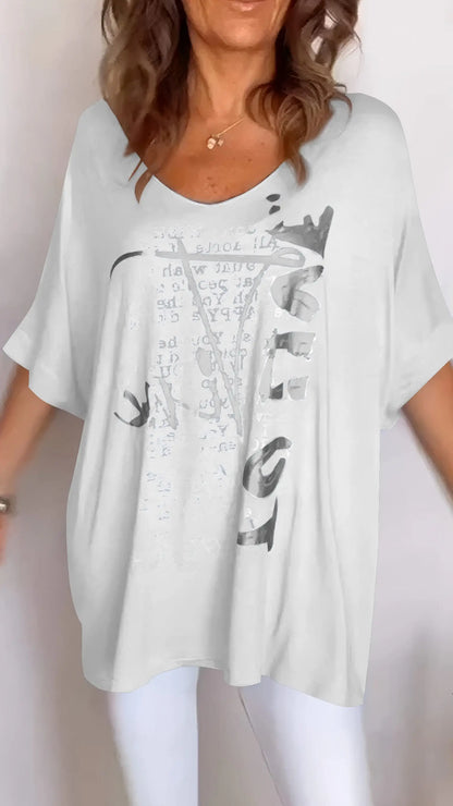 BundleWear Elegant Summer Floral V-Neck Top - Breathable Cotton-Blend Mid-Sleeve Casual Tee (S-5XL)