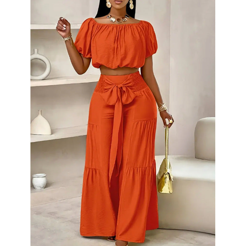 BundleWear™ Bohemian Breeze Set | Off-Shoulder Puff Sleeve Crop & Tiered Wide-Leg Pants