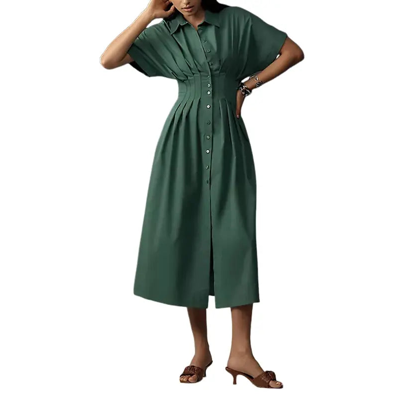 Women's Button-Down Shirt Dress - Short-Sleeve, Loose, Pleated Maxi Sundress with Pockets, Basic Casual Wear for Summer