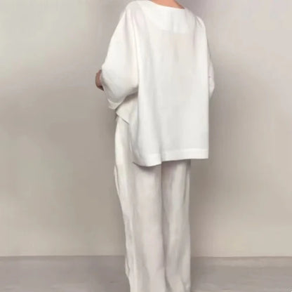 💎 2-Piece Cotton-Linen Set With An Uneven Hem – V-Neck Top + Wide-Leg Pants, Breathable & Effortlessly Stylish