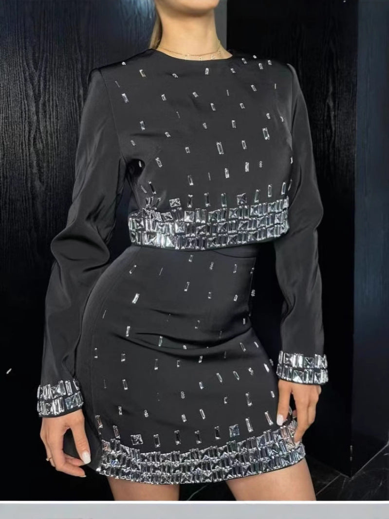 BundleWear™ Silver-Beaded Tweed Set | Hand-Embellished Knit Top & Hip-Contouring Mini Skirt