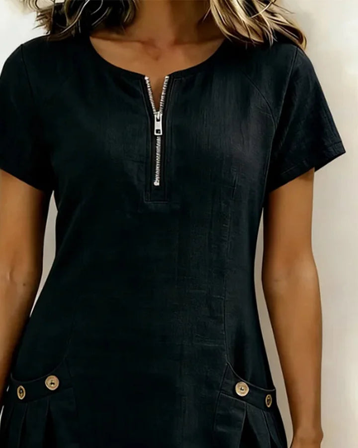 Zipper Pocket Cotton Linen Dress - MATCHING MASTER