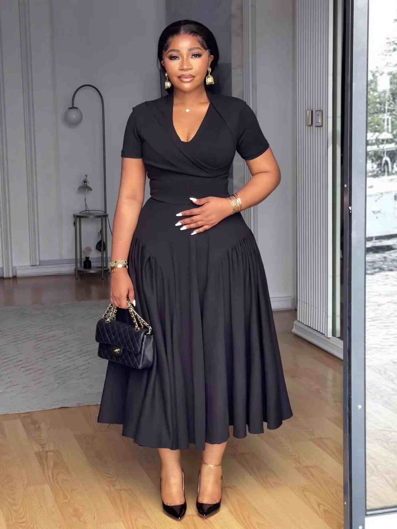 Ladies' V-neck Solid Color Elegant Casual Dress - MATCHING MASTER