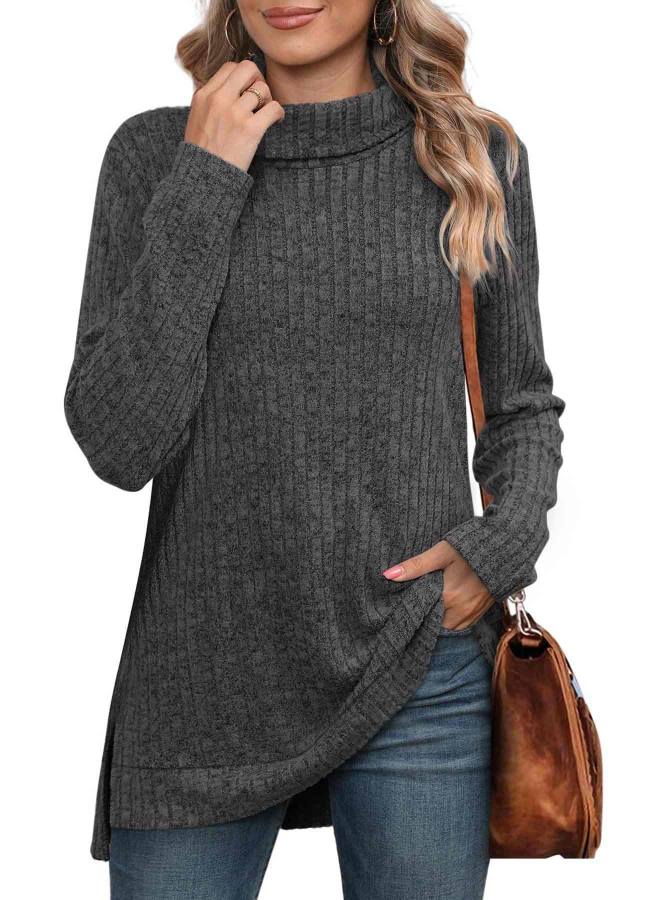High-neck scarf, side slit, solid color long-sleeved T-shirt
