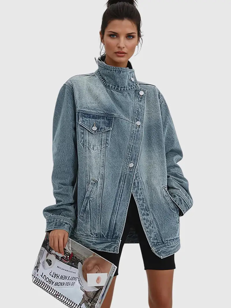 Women's Vintage Washed High Neck Asymmetric Button Loose Denim Jacket - MATCHING MASTER
