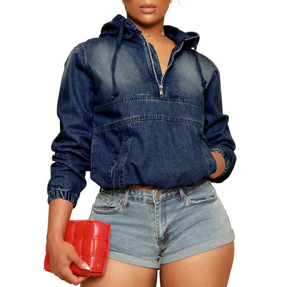 Women's Half Zip Denim Hoodie Pullover Jacket Jean Tops - MATCHING MASTER